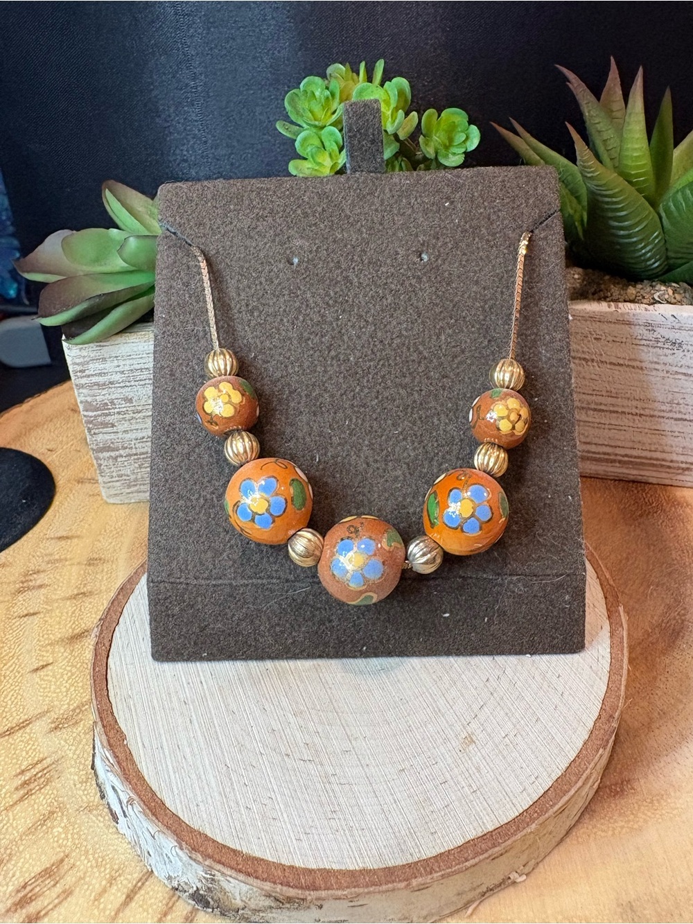 Vintage Orange Floral Bead Necklace with Blue Accents